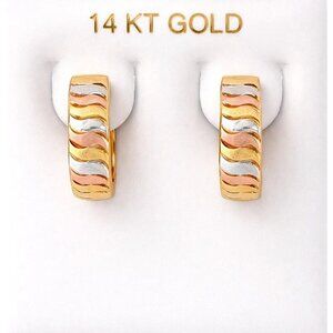 Tri-Colored Solid 14k Yellow Gold Hoop Earrings